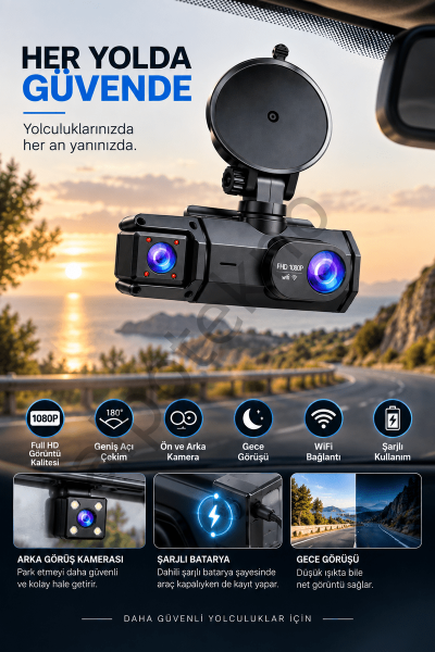 Ön Arka Kamera 1080P Full HD WiFi 180° Geniş Açı Şarjlı