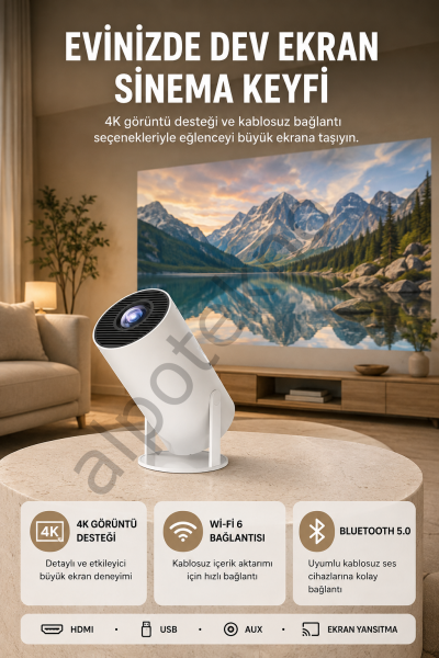 Kablosuz Projeksiyon Cihazı 4K Destekli HDMI USB Oyun Uyumlu