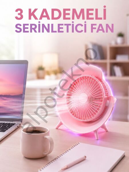 RGB Işıklı 3 Kademeli USB Şarjlı Masaüstü Vantilatör