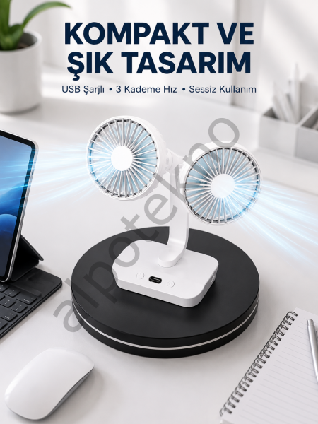 720° Döner Çift Taraflı Masaüstü Vantilatör – USB Şarjlı Sessiz Fan