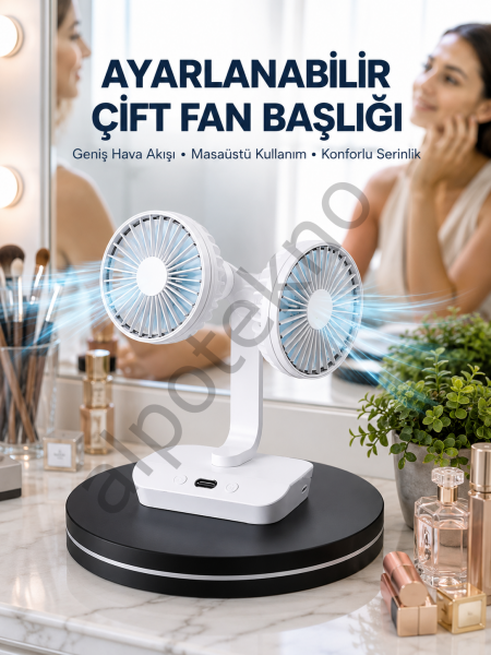 Ayarlanabilir Hızlı Çift Başlıklı Masaüstü Fan – Gece Lambalı Serinletici