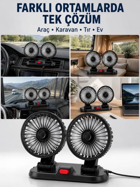 Araç, Karavan ve Tır İçin Çift Fanlı Mini Vantilatör