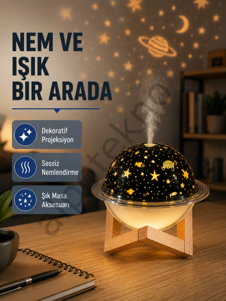 USB Projeksiyon Gece Lambası ve Hava Nemlendirici – Aromaterapi Destekli, Taşınabilir Mini