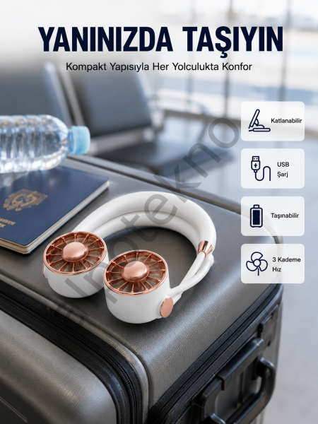 USB Şarjlı Katlanabilir Mini Boyun Fanı 1–3 Saat Kullanım