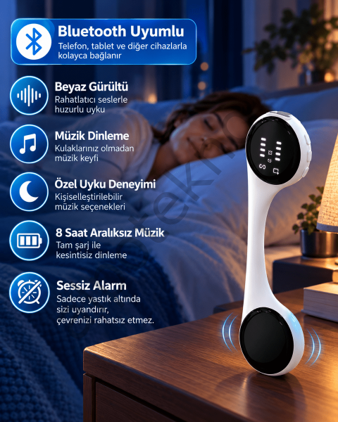 Sessiz Alarm Özellikli Bluetooth Hoparlör Yastık Altı Uyku Cihazı Doğal Ses ve 8 Saat Kesintisiz Müzik