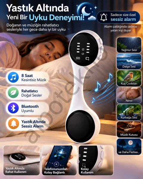 Sessiz Alarm Bluetooth Uyku Hoparlörü Yastık Altı Kullanım Rahatlatıcı Sesler 8 Saat Kesintisiz Müzik