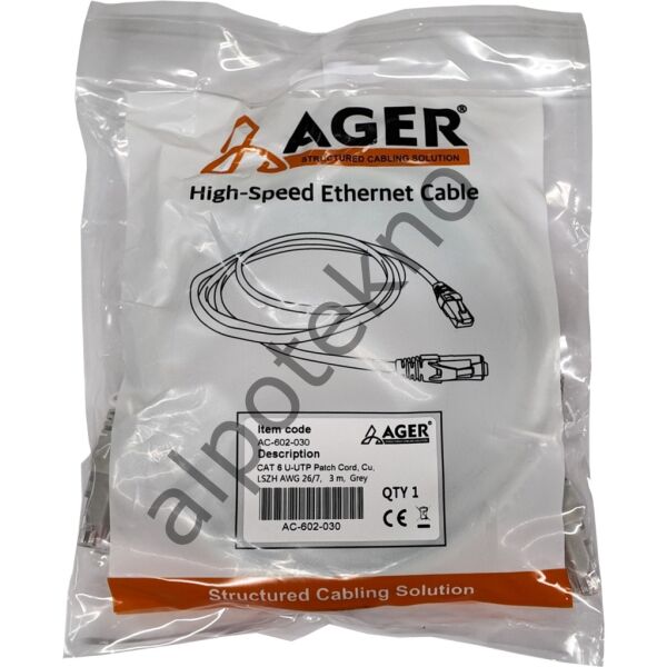AGER AC-602-030 3 MT UTP CAT6 PATCH KABLO GRI Cu, LSZH AWG 26/7