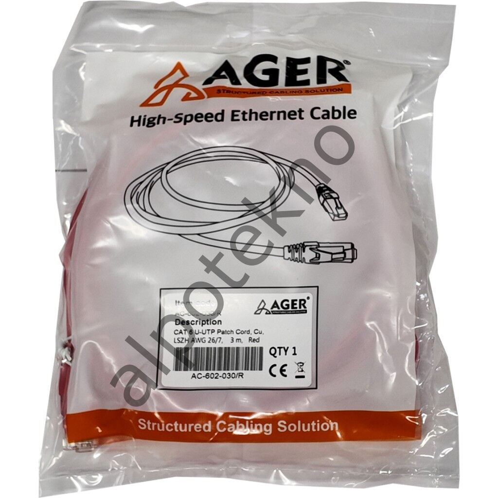 AGER AC-602-030 3 MT UTP CAT6 PATCH KABLO KIRMIZI Cu, LSZH AWG 26/7