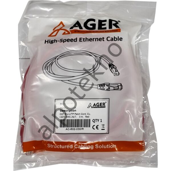 AGER AC-602-030 3 MT UTP CAT6 PATCH KABLO KIRMIZI Cu, LSZH AWG 26/7