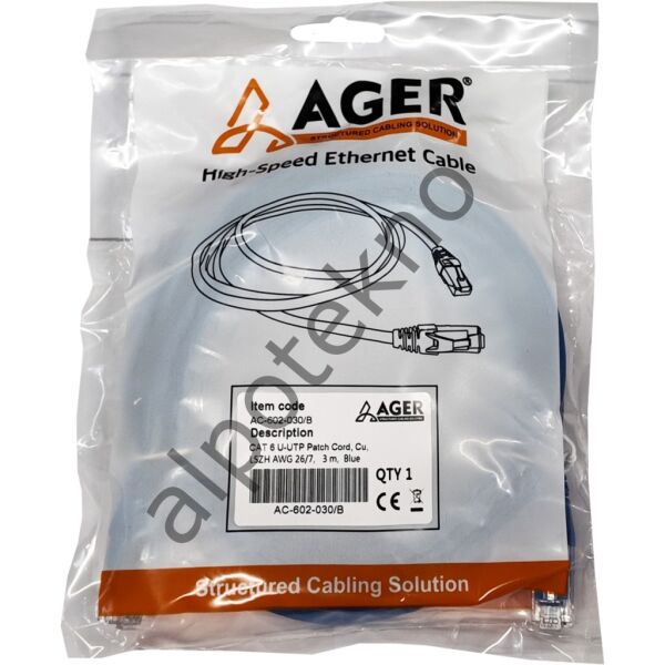 AGER AC-602-030 3 MT UTP CAT6 PATCH KABLO MAVİ Cu, LSZH AWG 26/7