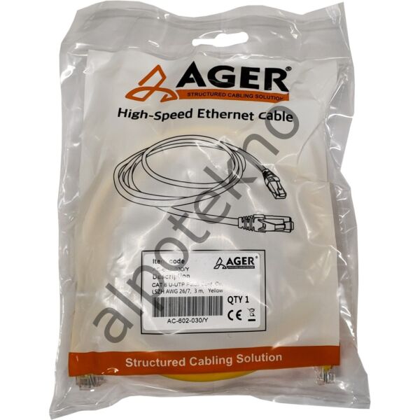 AGER AC-602-030 3 MT UTP CAT6 PATCH KABLO SARI Cu, LSZH AWG 26/7