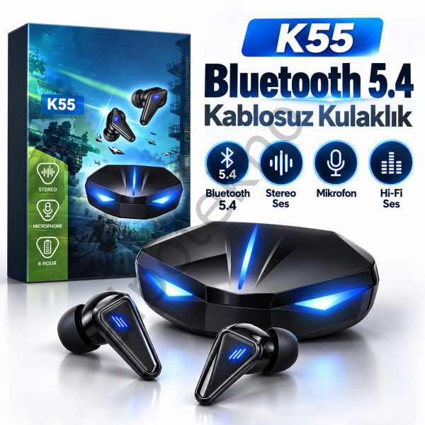K55 Bluetooth oyuncu kulaklığı kablosuz TWS şarj kutulu siyah kulaklık