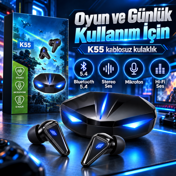 K55 Bluetooth 5.4 kablosuz oyuncu kulaklığı gaming tasarım