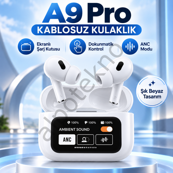 A9 Pro ekranlı Bluetooth kulaklık beyaz şarj kutulu