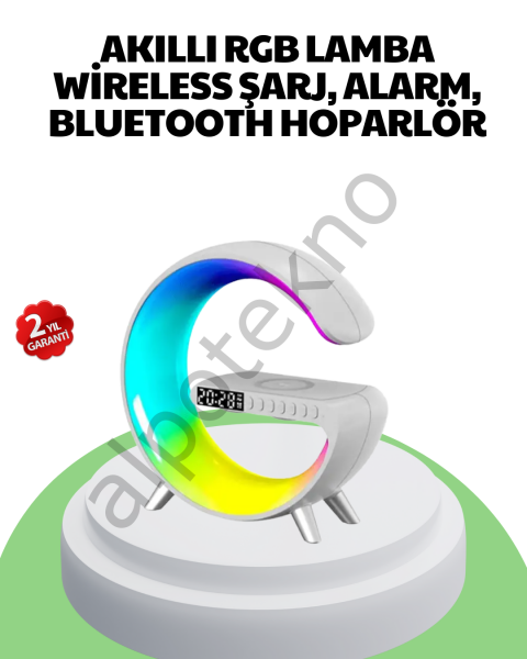 Bluetooth Hoparlörlü RGB Atmosfer Lambası Kablosuz Şarj ve Saat Özellikli