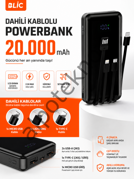 BLIC BPB6 20000 mAh Powerbank Dahili Kablolu – LED Ekranlı, 4’lü Çoklu Şarj, Type-C Lightning Micro USB, Hızlı Şarj Taşınabilir Şarj Aleti