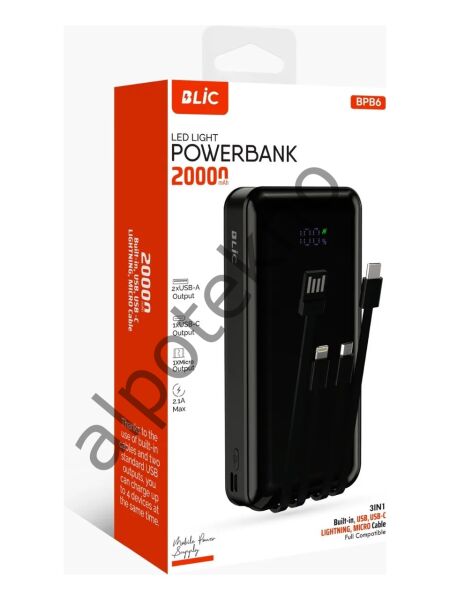 BLIC BPB6 20000 mAh Powerbank Dahili Kablolu – LED Ekranlı, 4’lü Çoklu Şarj, Type-C Lightning Micro USB, Hızlı Şarj Taşınabilir Şarj Aleti