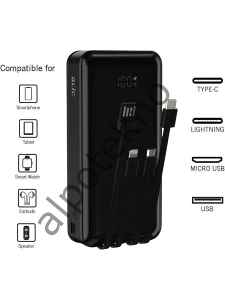 BLIC BPB6 20000 mAh Powerbank Dahili Kablolu – LED Ekranlı, 4’lü Çoklu Şarj, Type-C Lightning Micro USB, Hızlı Şarj Taşınabilir Şarj Aleti