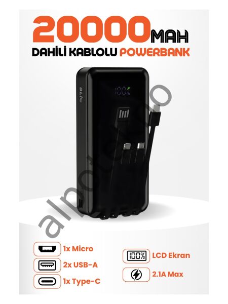 BLIC BPB6 20000 mAh Powerbank Dahili Kablolu – LED Ekranlı, 4’lü Çoklu Şarj, Type-C Lightning Micro USB, Hızlı Şarj Taşınabilir Şarj Aleti