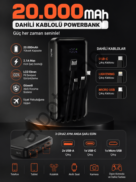 BLIC BPB6 20000 mAh Powerbank Dahili Kablolu – LED Ekranlı, 4’lü Çoklu Şarj, Type-C Lightning Micro USB, Hızlı Şarj Taşınabilir Şarj Aleti