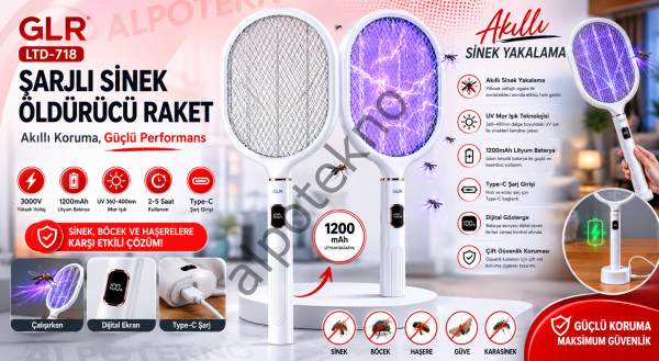 Şarjlı Sinek Öldürücü Raket 3000V Yüksek Voltajlı UV Işıklı Type-C Şarjlı Dijital Ekranlı Sivrisinek Öldürücü