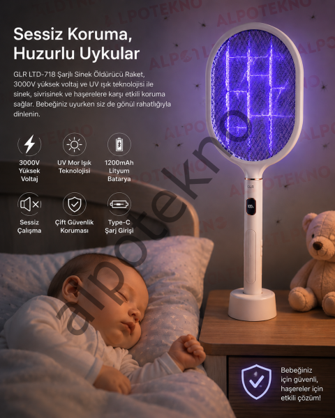 Şarjlı Sinek Öldürücü Raket 3000V Yüksek Voltajlı UV Işıklı Type-C Şarjlı Dijital Ekranlı Sivrisinek Öldürücü