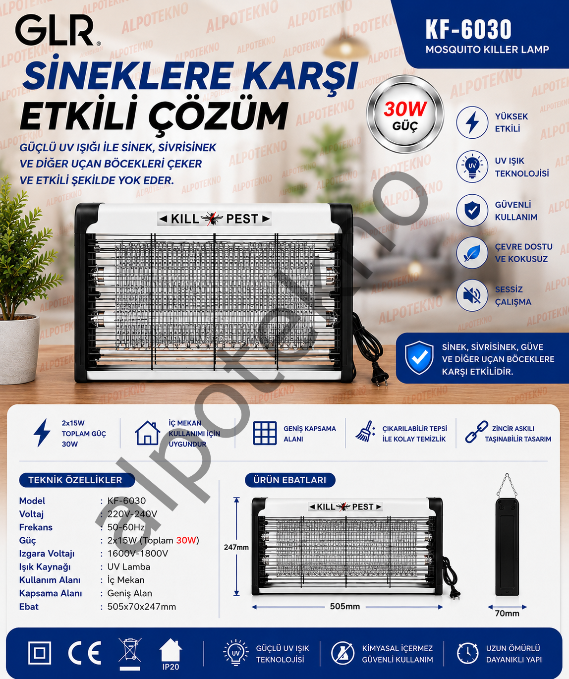 30W Elektrikli Sinek Öldürücü UV Lambalı Sivrisinek ve Uçan Böcek Yok Edici Cihaz 505 mm