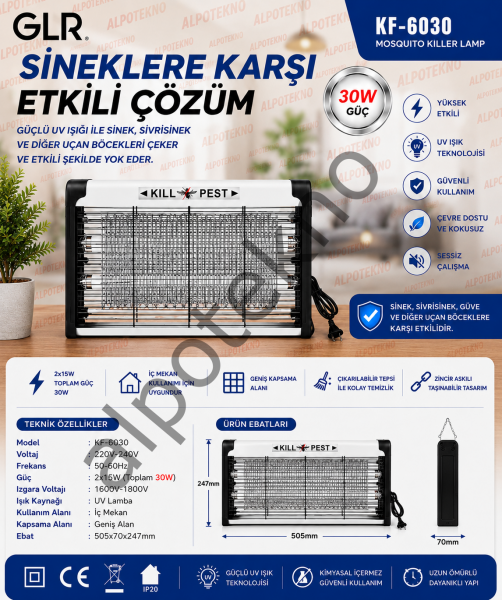 30W Elektrikli Sinek Öldürücü UV Lambalı Sivrisinek ve Uçan Böcek Yok Edici Cihaz 505 mm
