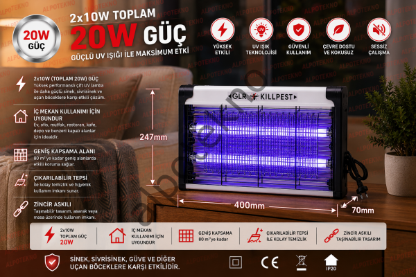 Elektrikli Sinek Öldürücü 20W UV Lambalı Sivrisinek ve Uçan Böcek Yok Edici Cihaz