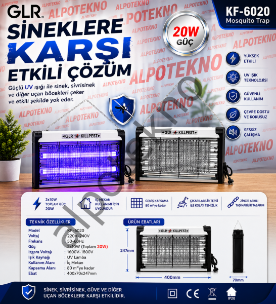 Elektrikli Sinek Öldürücü 20W UV Lambalı Sivrisinek ve Uçan Böcek Yok Edici Cihaz