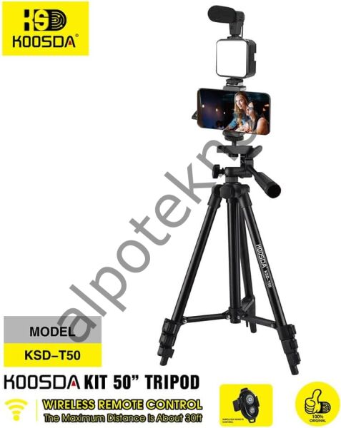 KOOSDA KSD-T50 50” Vlog Tripod Seti LED Işıklı Mikrofonlu Telefon Tutucu Bluetooth Kumandalı Profesyonel Video Çekim Kiti