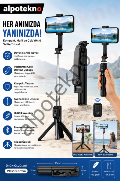 Bluetooth Kumandalı Tripod-Selfie Çubuğu | Üst Kalite & Dayanıklı Tasarım
