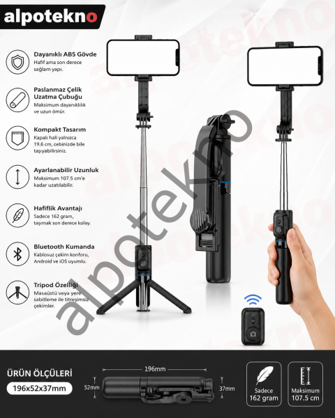 Bluetooth Kumandalı Tripod-Selfie Çubuğu | Üst Kalite & Dayanıklı Tasarım