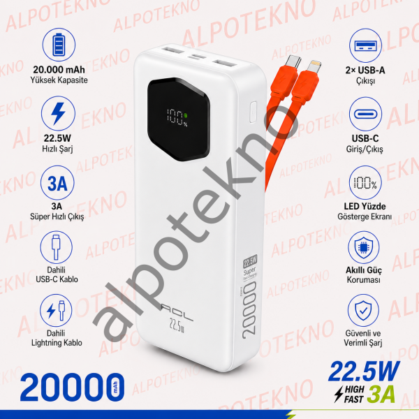 ACL PW-140 20000mAh 22.5W Hızlı Şarj Powerbank Dahili USB-C ve Lightning Kablolu 20000mAh Powerbank ACL PW-140 Taşınabilir Şarj Cihazı 3A Çıkışlı 2000