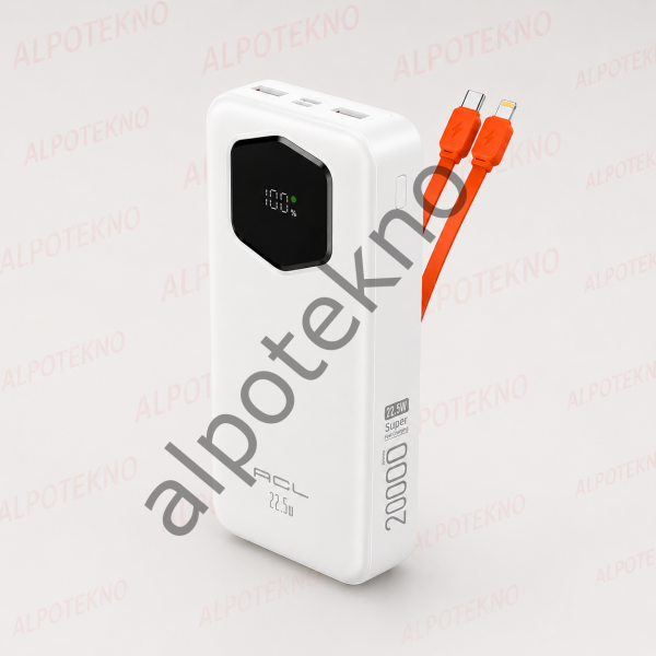 ACL PW-140 20000mAh 22.5W Hızlı Şarj Powerbank Dahili USB-C ve Lightning Kablolu 20000mAh Powerbank ACL PW-140 Taşınabilir Şarj Cihazı 3A Çıkışlı 2000