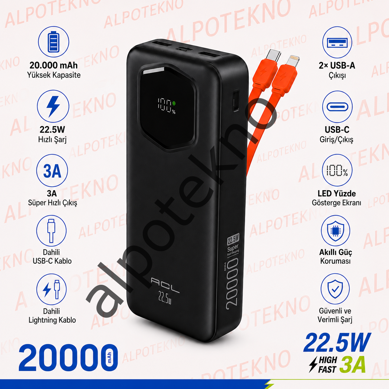 ACL PW-140 20000mAh 22.5W Hızlı Şarj Powerbank Dahili USB-C ve Lightning Kablolu 20000mAh Powerbank ACL PW-140 Taşınabilir Şarj Cihazı 3A Çıkışlı 2000