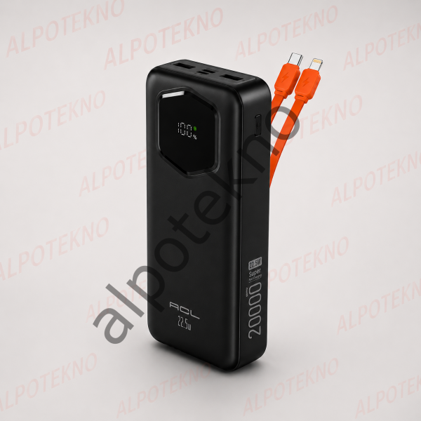 ACL PW-140 20000mAh 22.5W Hızlı Şarj Powerbank Dahili USB-C ve Lightning Kablolu 20000mAh Powerbank ACL PW-140 Taşınabilir Şarj Cihazı 3A Çıkışlı 2000