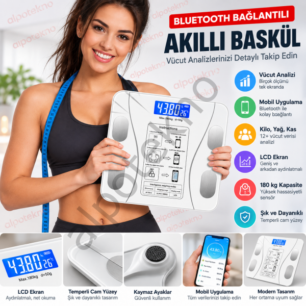 Bluetooth akıllı baskül mobil uygulamalı yağ kas su oranı ölçer dijital tartı