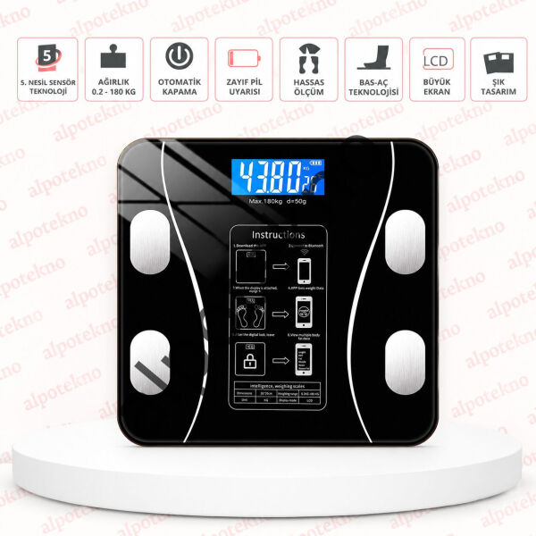 Alpotekno Akıllı Bluetooth Vücut Analiz Baskülü 180 KG Dijital Yağ Kas Su Ölçerli Akıllı Tartı LCD Ekranlı Bluetooth Baskül 180 KG Vücut Analiz Özelli