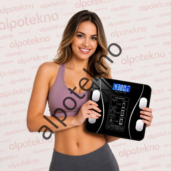 Alpotekno Akıllı Bluetooth Vücut Analiz Baskülü 180 KG Dijital Yağ Kas Su Ölçerli Akıllı Tartı LCD Ekranlı Bluetooth Baskül 180 KG Vücut Analiz Özelli