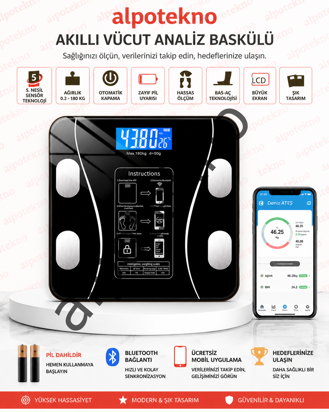 Alpotekno Akıllı Bluetooth Vücut Analiz Baskülü 180 KG Dijital Yağ Kas Su Ölçerli Akıllı Tartı LCD Ekranlı Bluetooth Baskül 180 KG Vücut Analiz Özelli