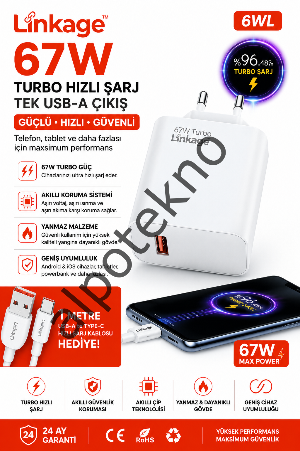 Linkage 67W USB-A Turbo Hızlı Şarj Aleti Type-C Kablolu