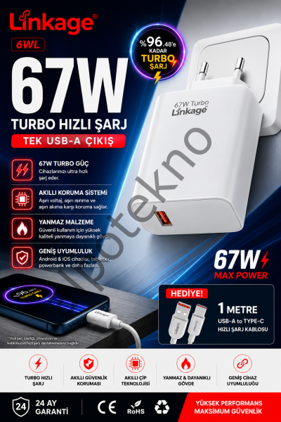Linkage 67W USB-A Turbo Hızlı Şarj Aleti Type-C Kablolu Telefon Şarj Adaptörü Süper Hızlı Şarj Başlığı 6WL