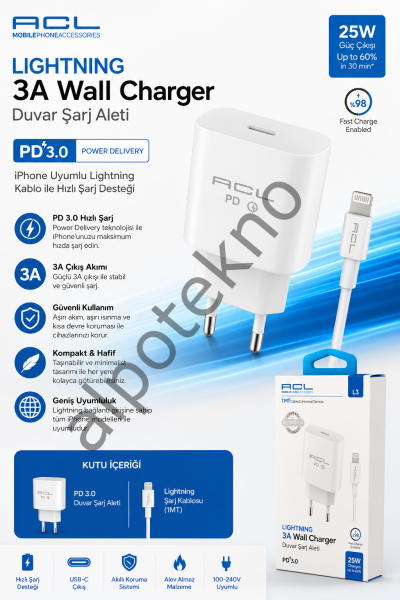 ACL 25W PD 3.0 iPhone Hızlı Şarj Adaptörü Type-C Güç Aleti 1 Metre Lightning Kablo Dahil