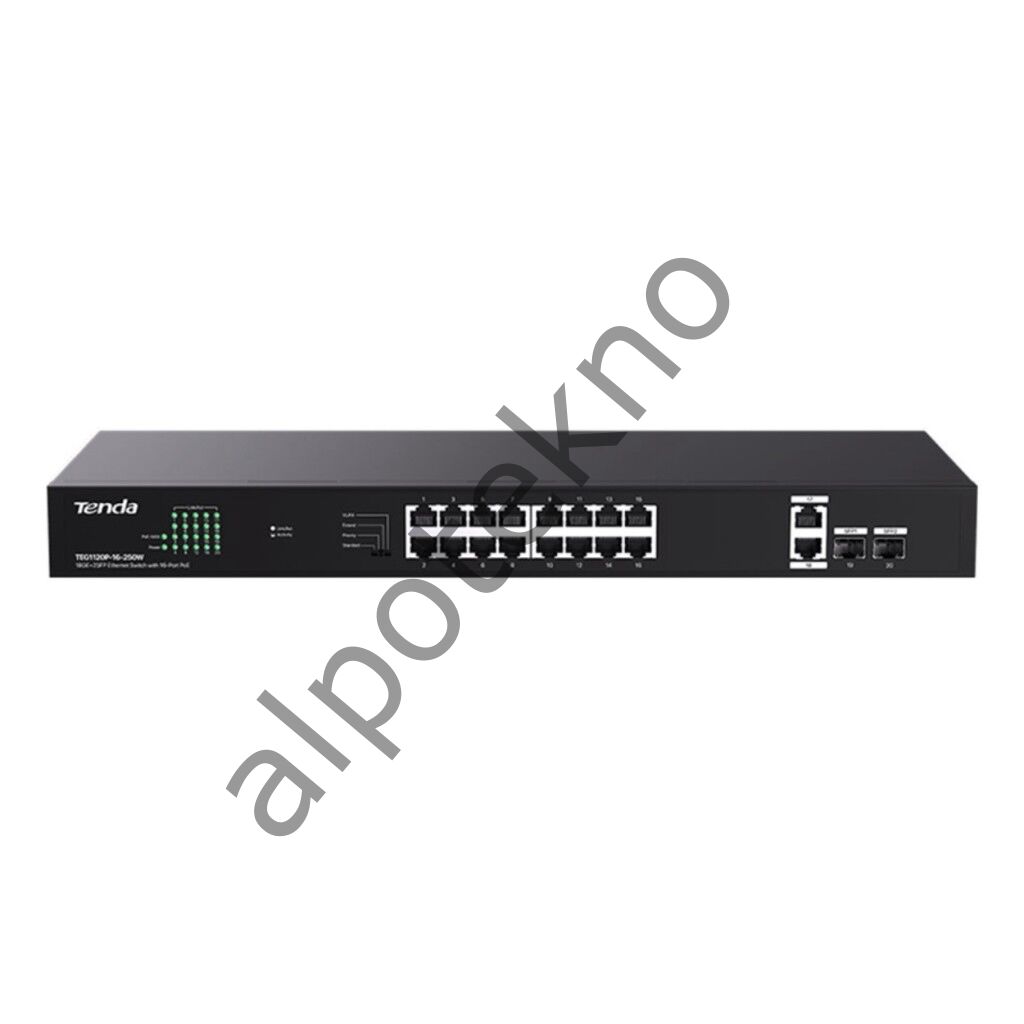Tenda TEG1120P-16-250W 16 Port PoE 10/100/1000 2xUplink 2xSFP Switch Çelik Kasa