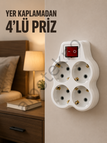 4’lü Priz Çoğaltıcı Açma Kapama Anahtarlı Kablosuz Duvar Tipi Priz Adaptörü