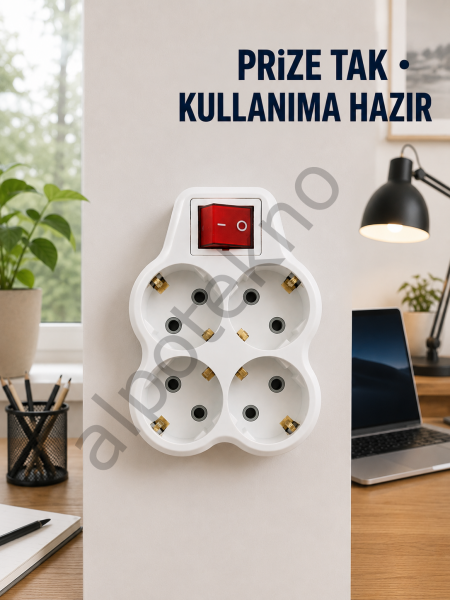 Anahtarlı 4’lü Priz Adaptörü Direkt Prize Takılan Kompakt Priz Çoklayıcı