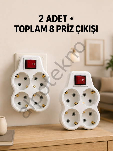 4’lü Priz Çoğaltıcı 2 Adet Set Kablosuz Duvar Tipi Anahtarlı Priz Çoklayıcı
