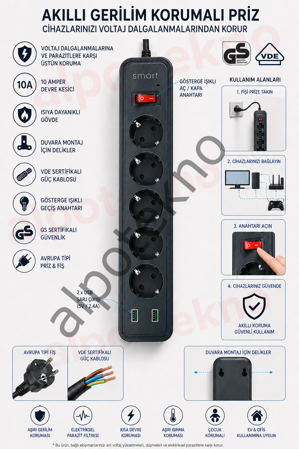 Akıllı Akım Korumalı 5’li Priz 2 USB Girişli | 10A Devre Kesici | GS & VDE Sertifikalı | Avrupa Tipi Fişli | Aşırı Gerilim Korumalı Priz