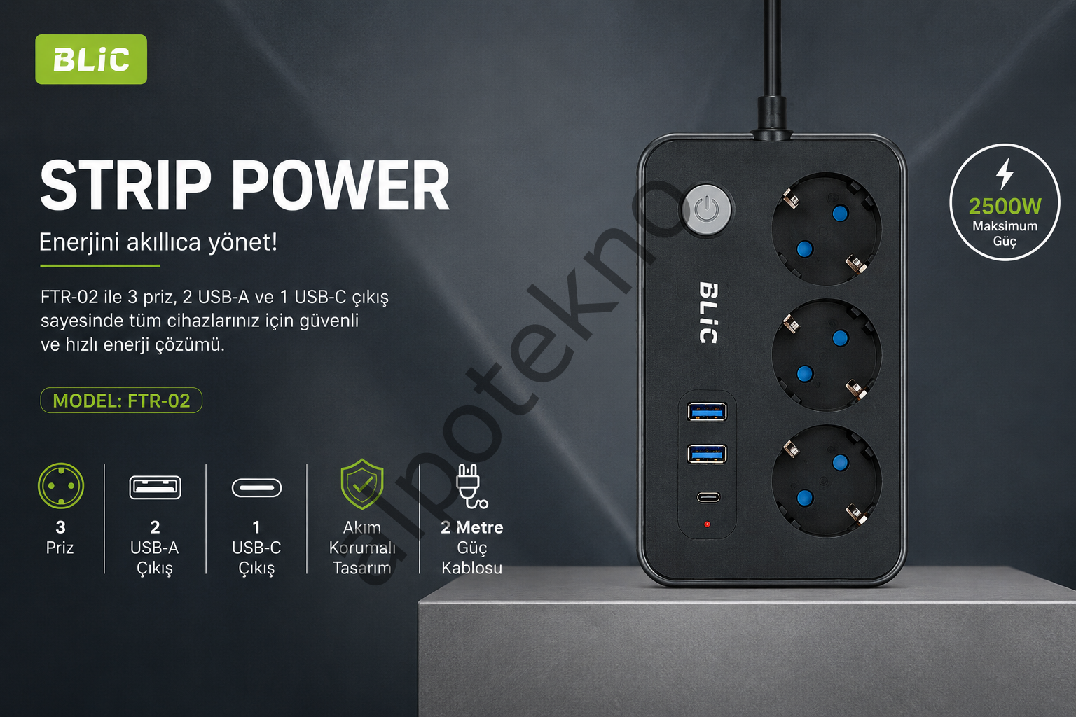Akım Korumalı 3’lü Priz 2 USB + Type-C 2 Metre Kablolu – Termal Koruma, Çocuk Korumalı, 2500W
